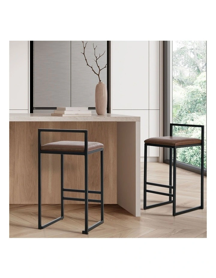 Oikiture 2x Bar Stools in Brown Leather image 5