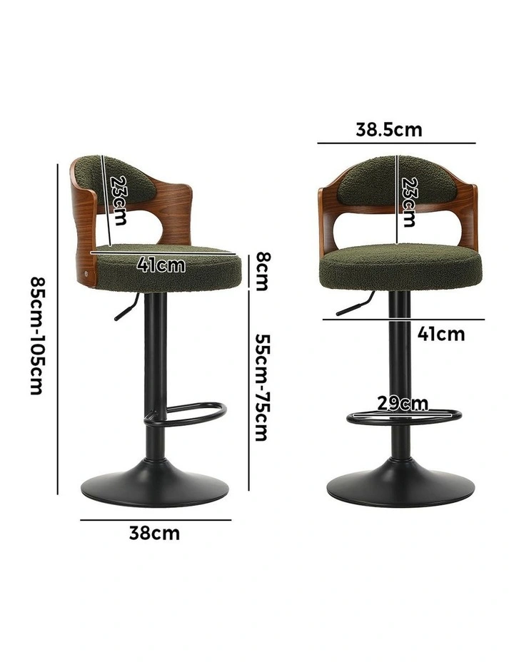 Oikiture 2x Bar Stools Swivel Kitchen Bar Chairs Gas Lift Stools Green Boucle image 3