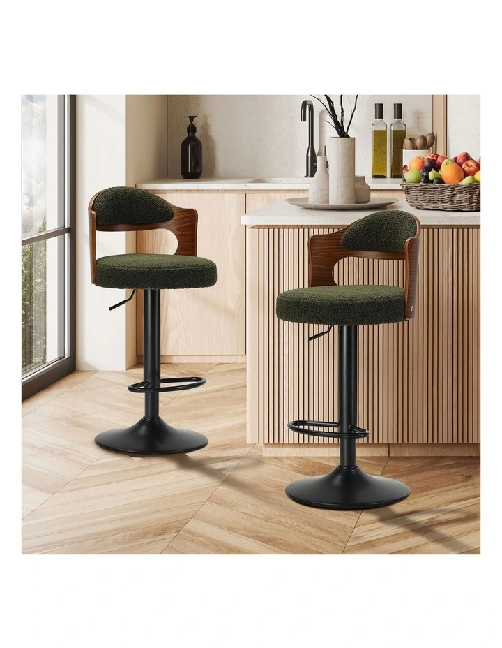 Oikiture 2x Bar Stools Swivel Kitchen Bar Chairs Gas Lift Stools Green Boucle image 4