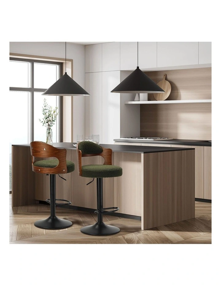 Oikiture 2x Bar Stools Swivel Kitchen Bar Chairs Gas Lift Stools Green Boucle image 5