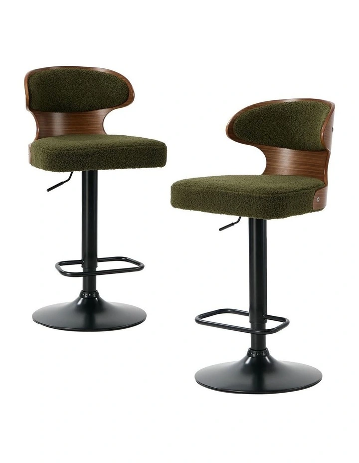 Oikiture 2x Bar Stools Swivel Kitchen Bar Chairs Gas Lift Stool Boucle Green image 1