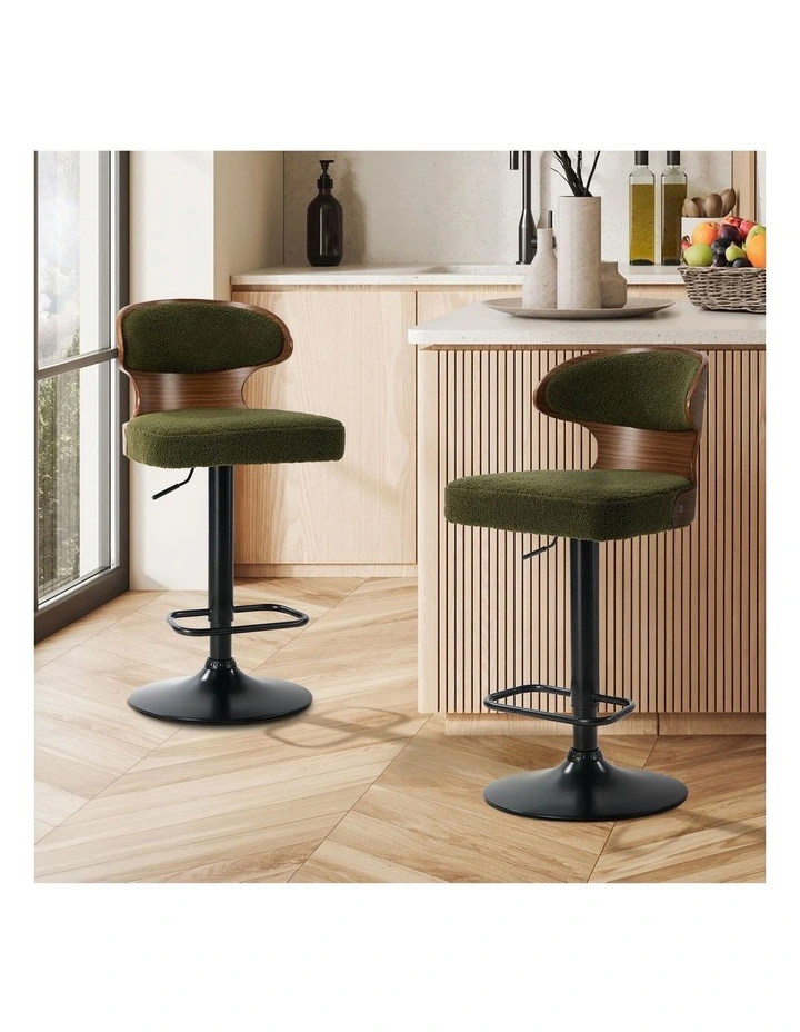 Oikiture 2x Bar Stools Swivel Kitchen Bar Chairs Gas Lift Stool Boucle Green image 4