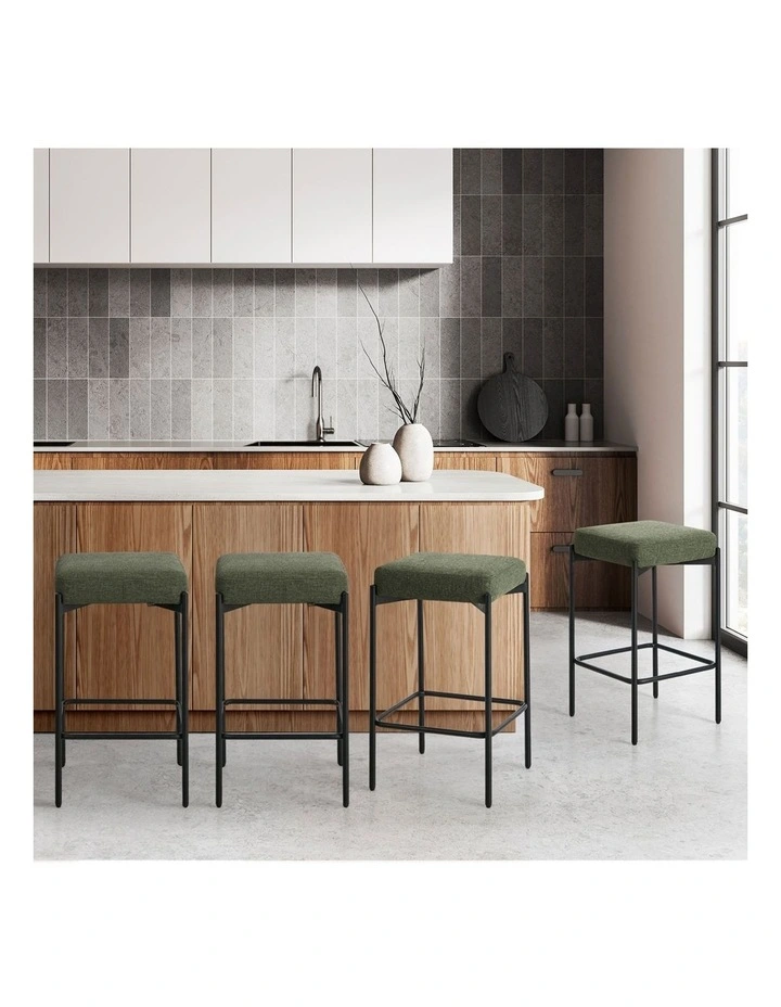 Oikiture 4x Bar Stools Kitchen Counter Dining Chair Linen Seat Metal Green image 4