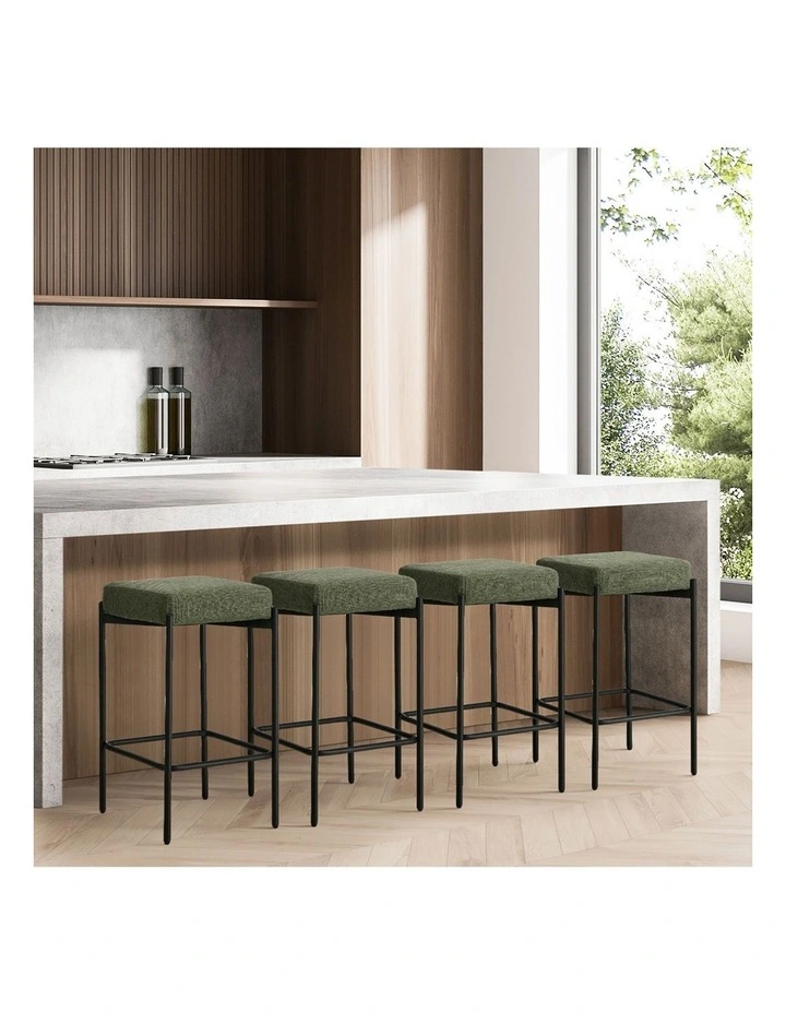 Oikiture 4x Bar Stools Kitchen Counter Dining Chair Linen Seat Metal Green image 7