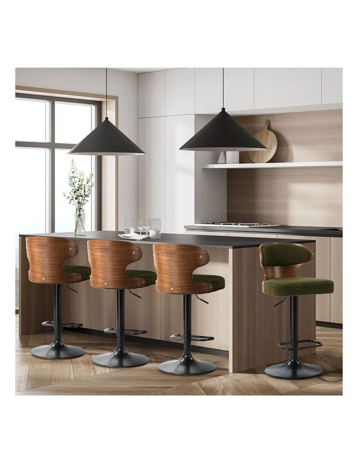 Oikiture 4x Bar Stools Swivel Kitchen Bar Chairs Gas Lift Stool Boucle Green image 5