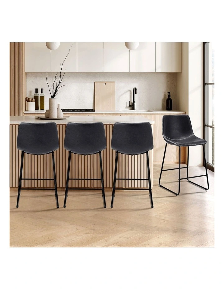 Oikiture 4x Bar Stools Kitchen Stool Dining Chairs Metal Leather Grey image 4