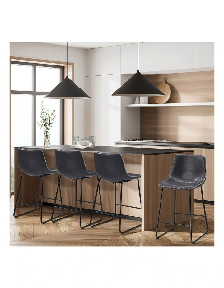 Oikiture 4x Bar Stools Kitchen Stool Dining Chairs Metal Leather Grey image 5
