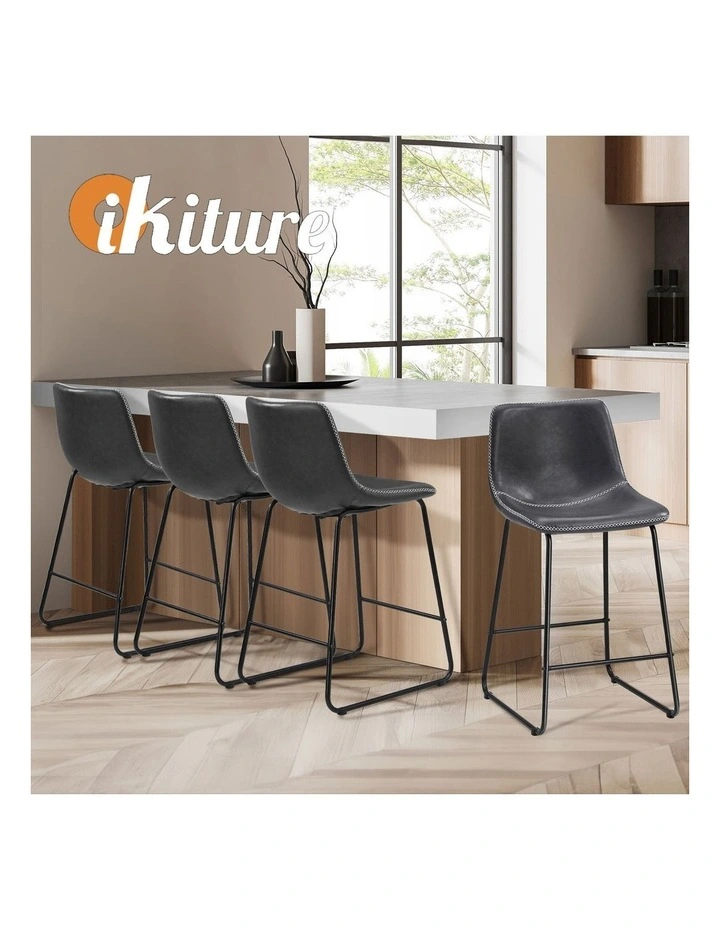 Oikiture 4x Bar Stools Kitchen Stool Dining Chairs Metal Leather Grey image 7