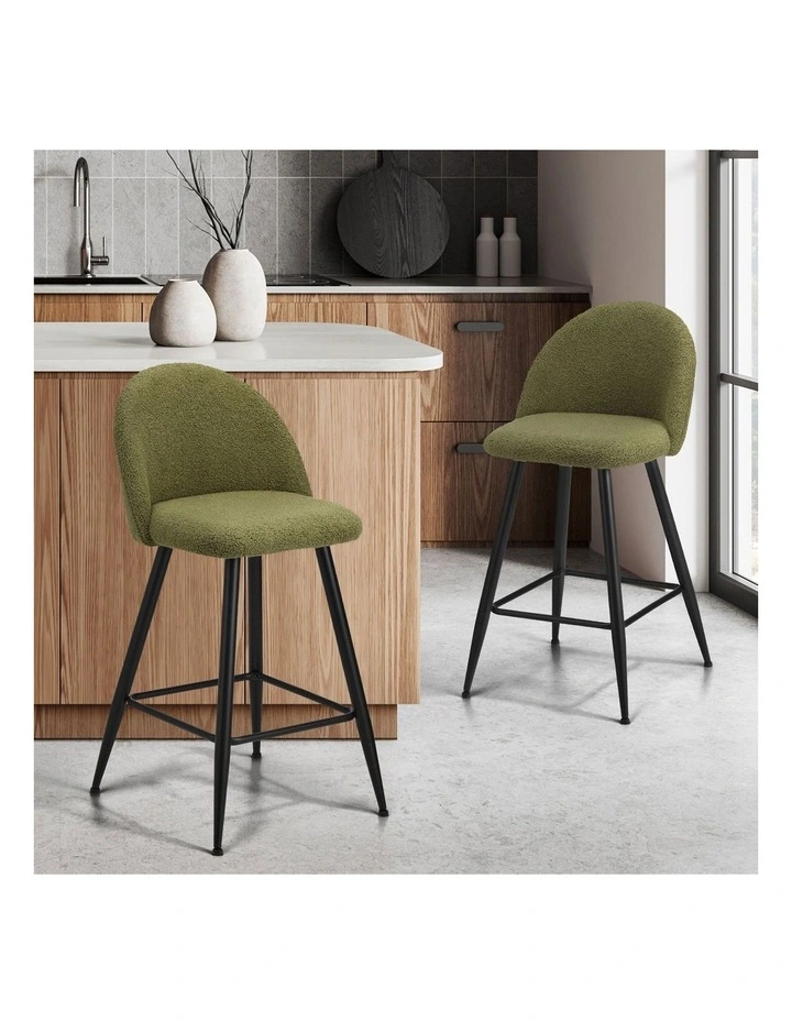 Oikiture 2x Bar Stools Kitchen Dining Chairs Counter Stool Green Boucle Padded image 4