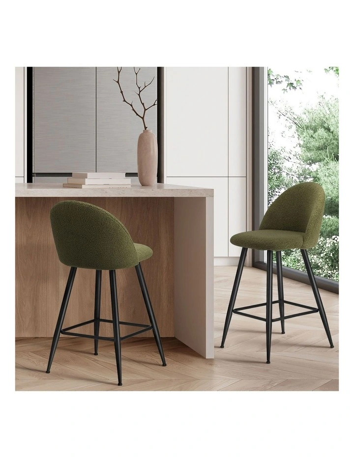 Oikiture 2x Bar Stools Kitchen Dining Chairs Counter Stool Green Boucle Padded image 5