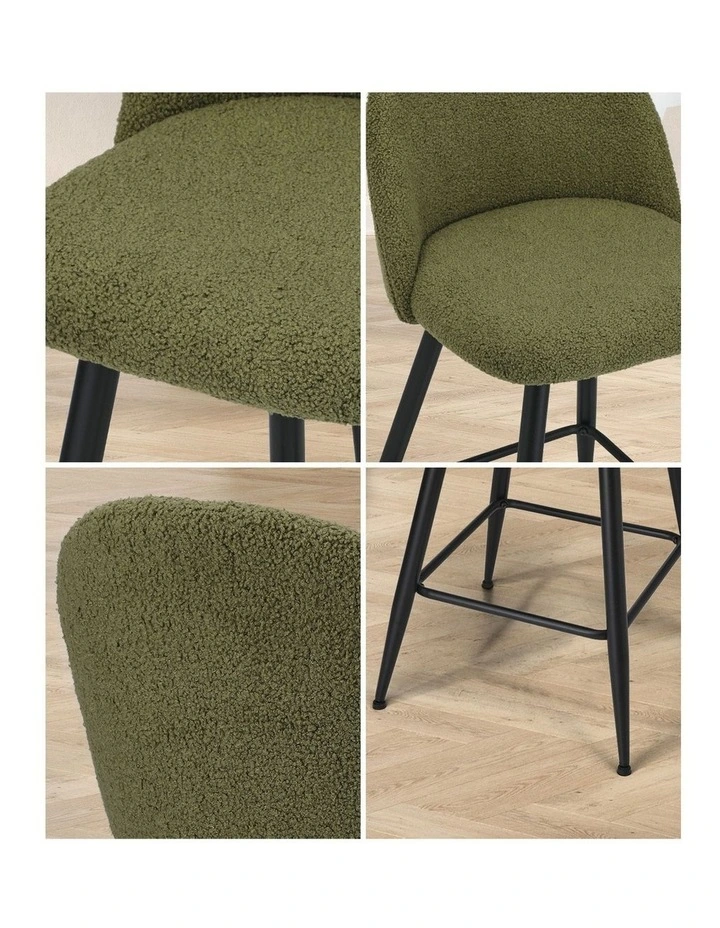 Oikiture 2x Bar Stools Kitchen Dining Chairs Counter Stool Green Boucle Padded image 6