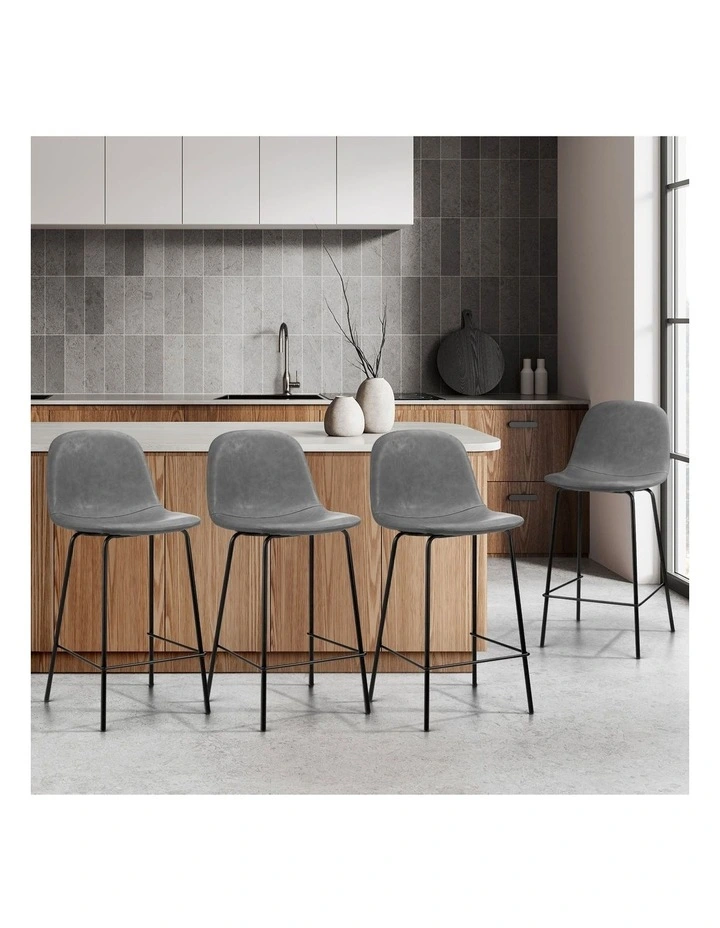 Oikiture 4x Bar Stools Kitchen Dining Chair Counter Stool PU Leather Grey image 4