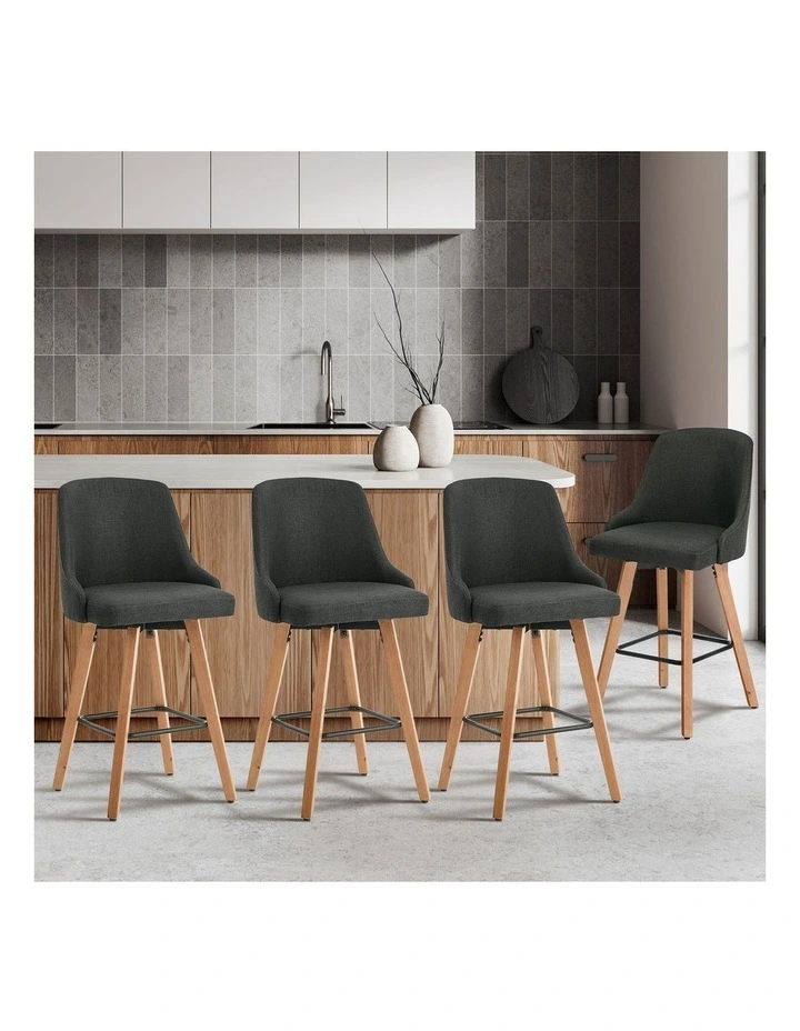 Oikiture 4x Bar Stools Kitchen Dining Chairs Swivel Wooden Stool Linen Grey image 4