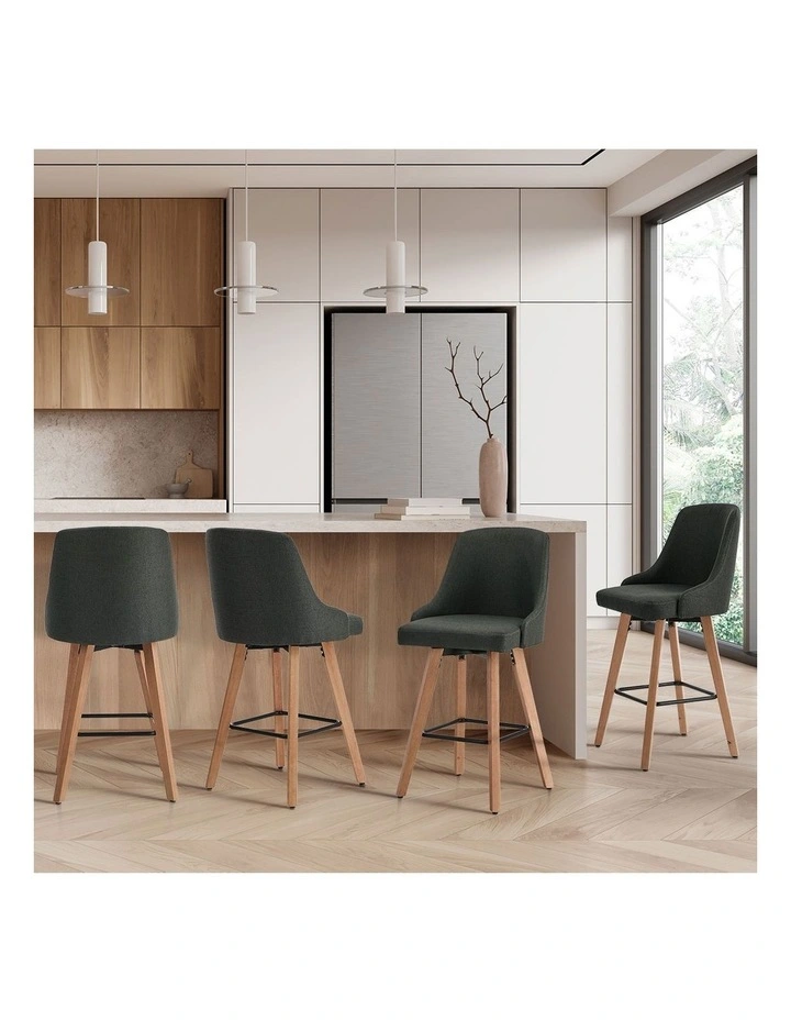 Oikiture 4x Bar Stools Kitchen Dining Chairs Swivel Wooden Stool Linen Grey image 5