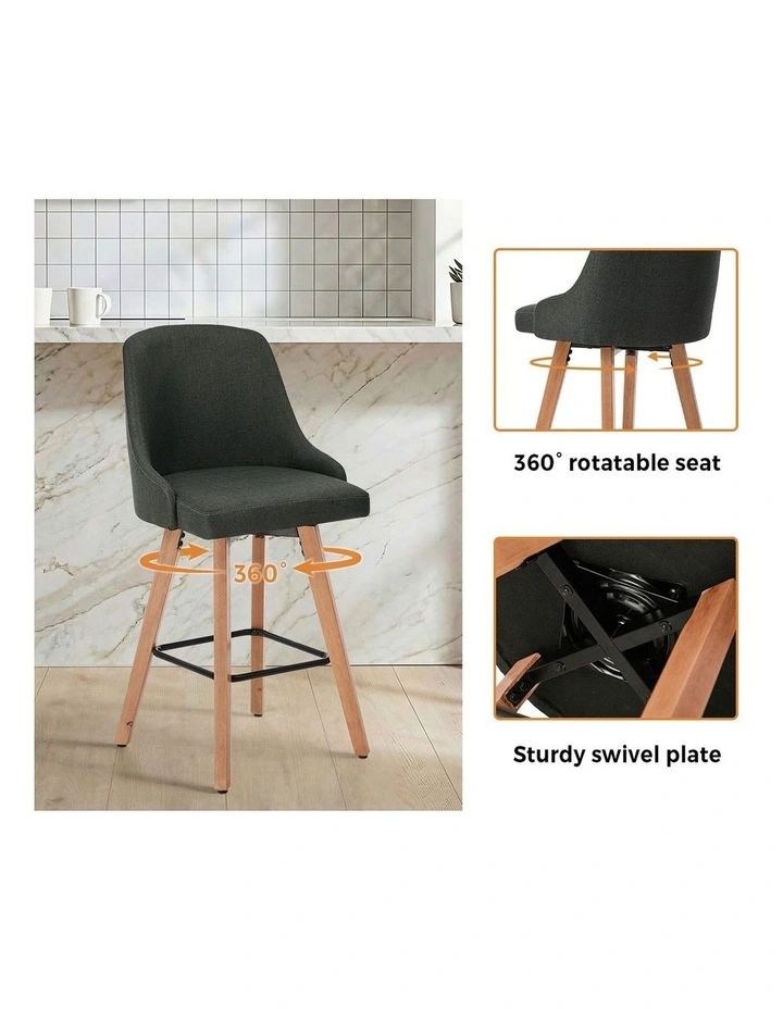 Oikiture 4x Bar Stools Kitchen Dining Chairs Swivel Wooden Stool Linen Grey image 6