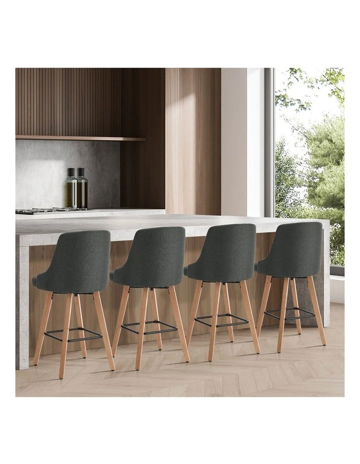 Oikiture 4x Bar Stools Kitchen Dining Chairs Swivel Wooden Stool Linen Grey image 7