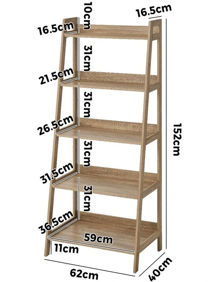 Oikiture Bookshelf 5 Tier Corner Ladder Shelf Home Storage Display Rack Natural image 3