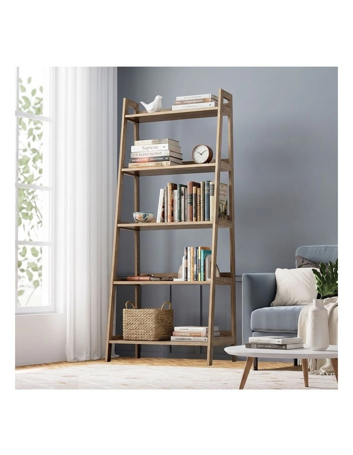 Oikiture Bookshelf 5 Tier Corner Ladder Shelf Home Storage Display Rack Natural image 4