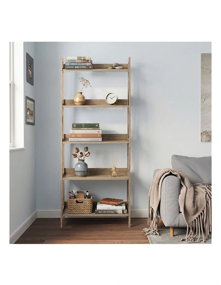 Oikiture Bookshelf 5 Tier Corner Ladder Shelf Home Storage Display Rack Natural image 5
