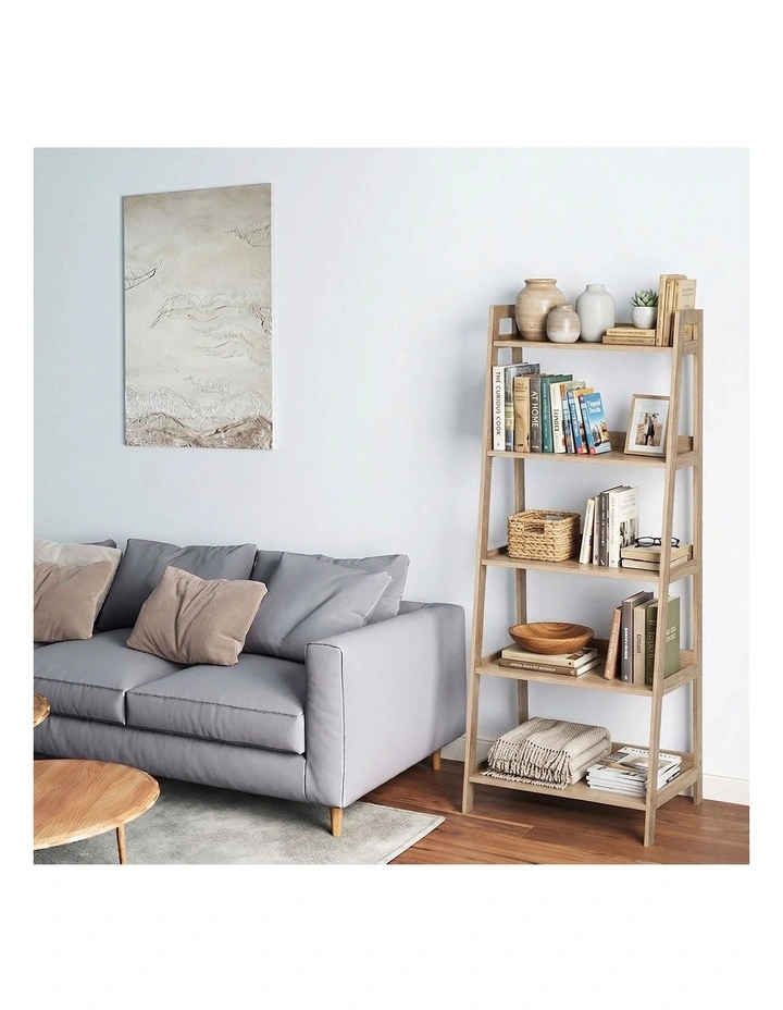 Oikiture Bookshelf 5 Tier Corner Ladder Shelf Home Storage Display Rack Natural image 7