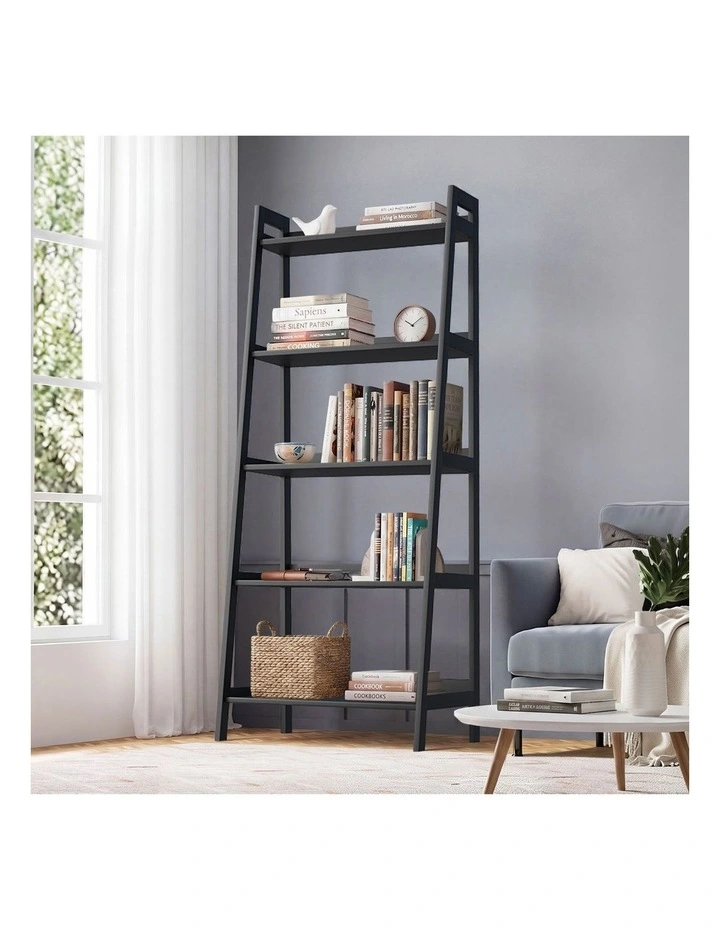 Oikiture Bookshelf 5 Tier Corner Ladder Shelf Home Storage Display Rack Black image 4