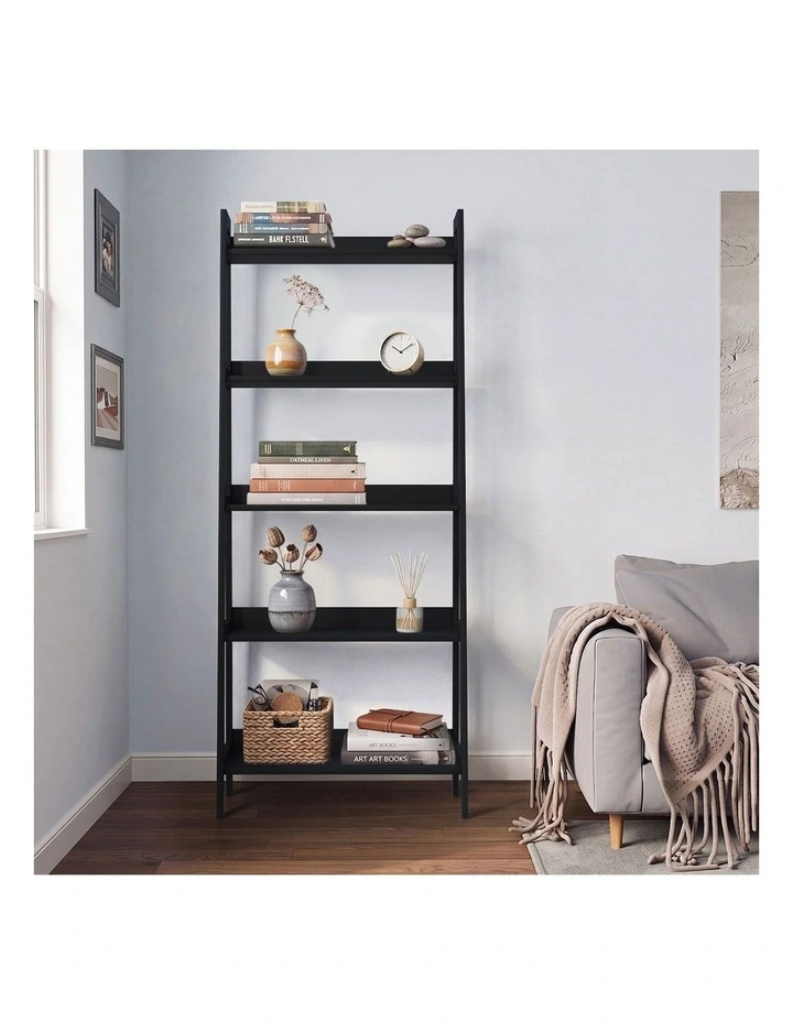 Oikiture Bookshelf 5 Tier Corner Ladder Shelf Home Storage Display Rack Black image 5