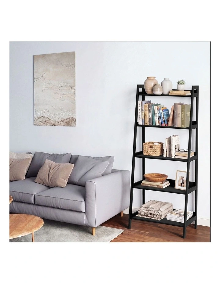 Oikiture Bookshelf 5 Tier Corner Ladder Shelf Home Storage Display Rack Black image 7
