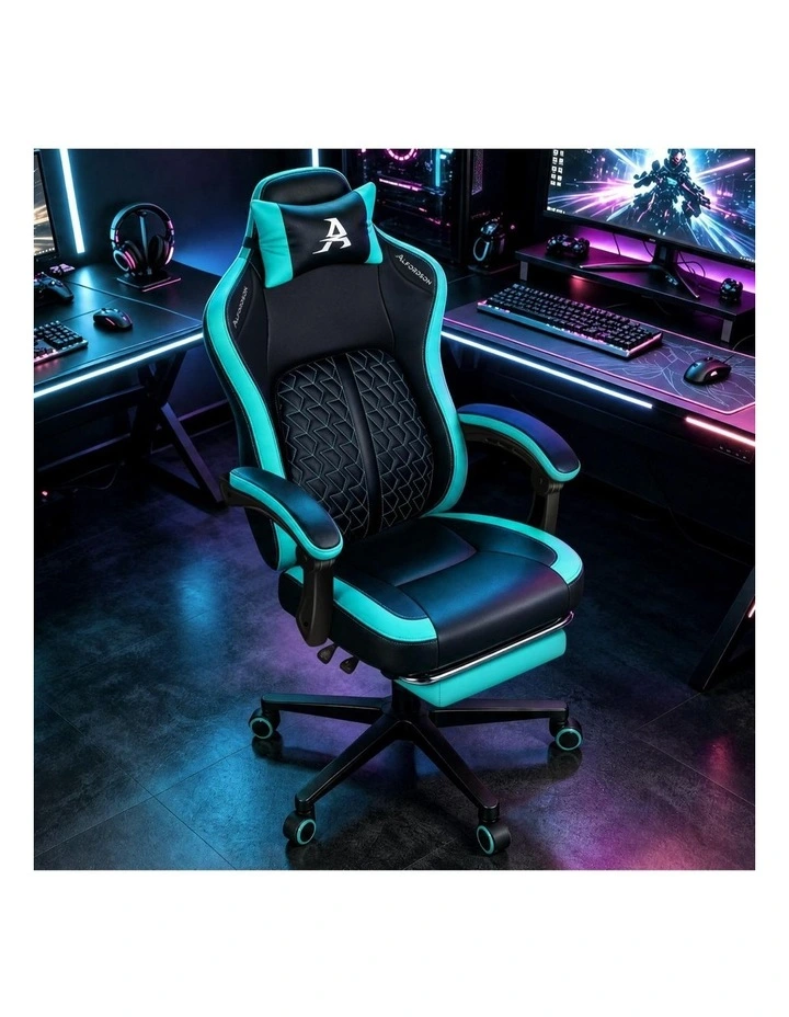 Gaming Office Chair Ergonomic Computer Footrest Leather - Cyan image 2