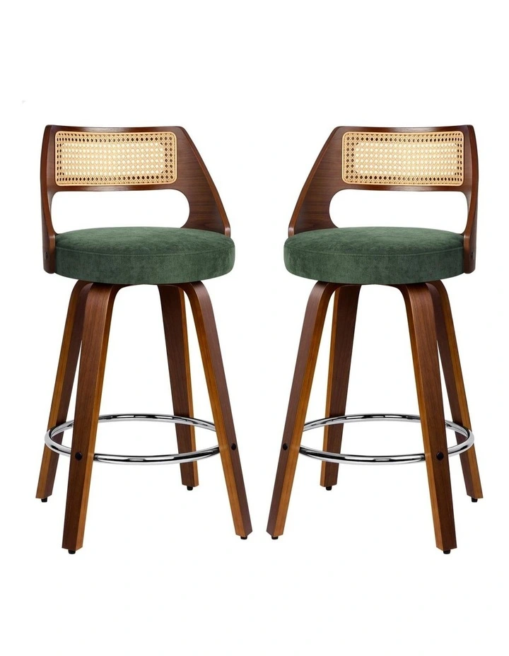 2x Bar Stools Chenille 65cm Swivel Kitchen Wooden Dining Chair image 1