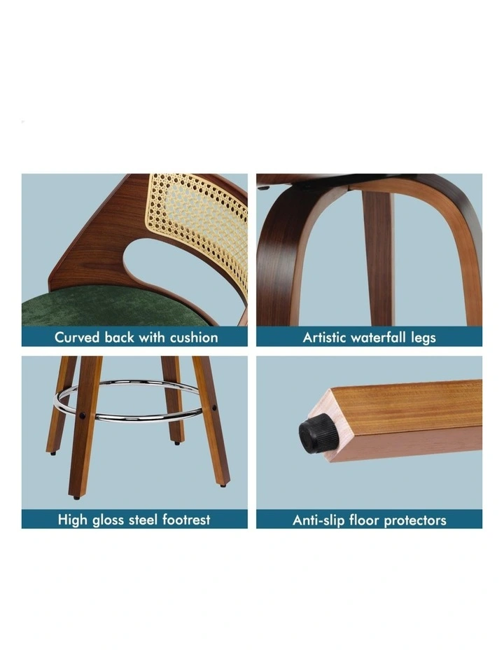 2x Bar Stools Chenille 65cm Swivel Kitchen Wooden Dining Chair image 6