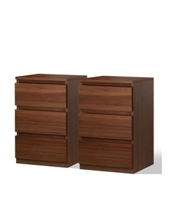 2x Bedside Table 3 Drawers Nightstand Walnut