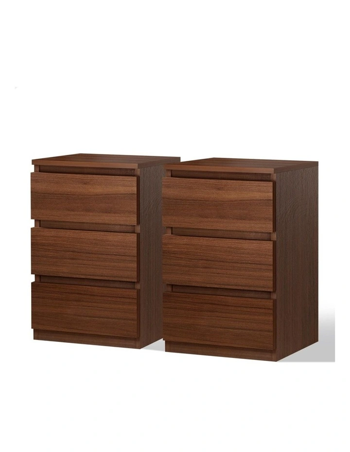 2x Bedside Table 3 Drawers Nightstand Walnut image 1