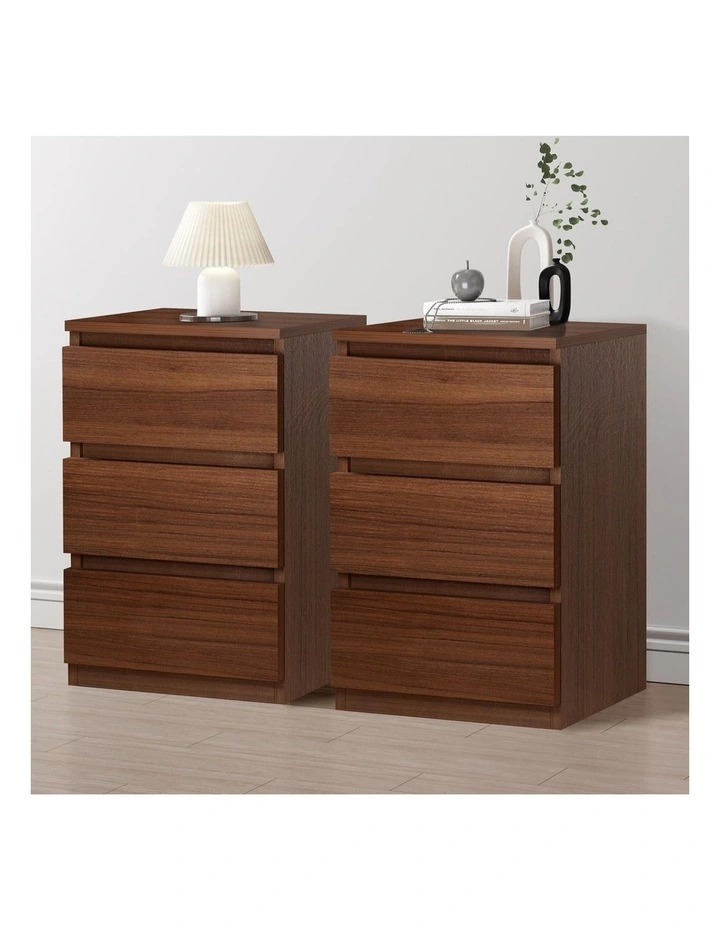 2x Bedside Table 3 Drawers Nightstand Walnut image 2