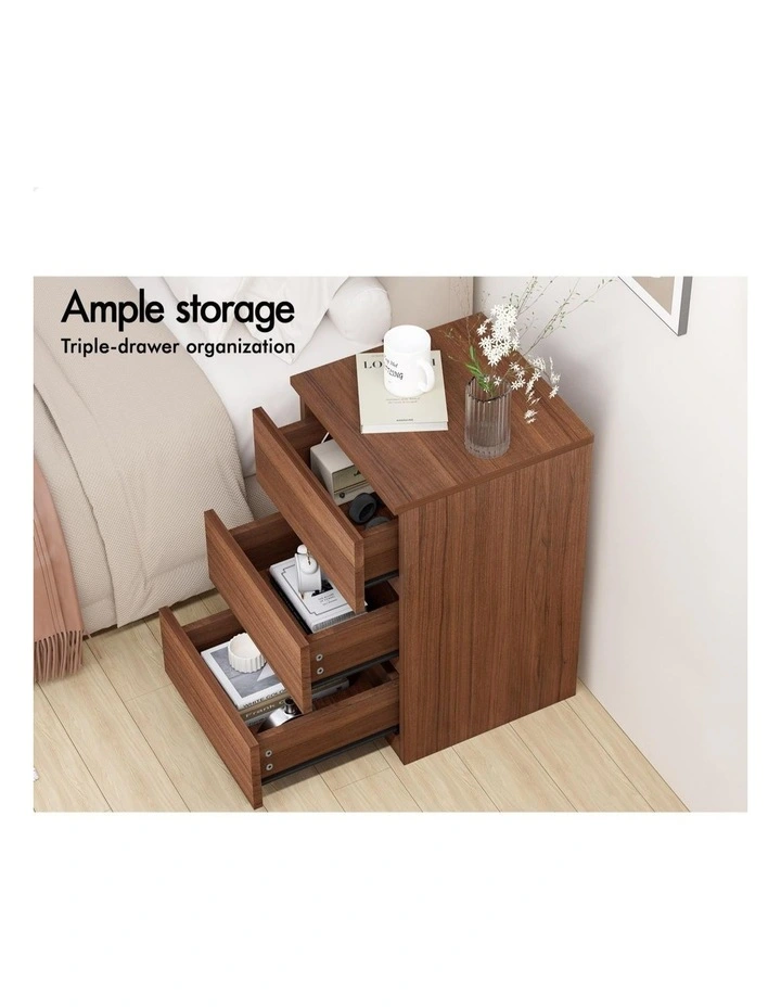 2x Bedside Table 3 Drawers Nightstand Walnut image 5