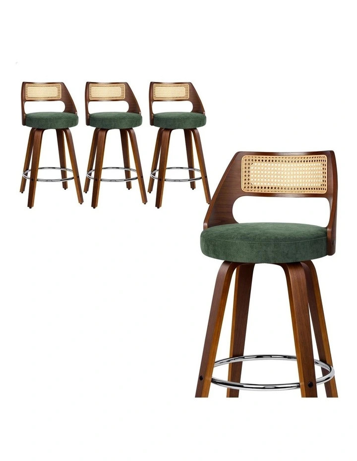 4x Bar Stools Chenille 65cm Swivel Kitchen Wooden Dining Chair image 1