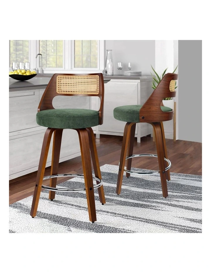 4x Bar Stools Chenille 65cm Swivel Kitchen Wooden Dining Chair image 2