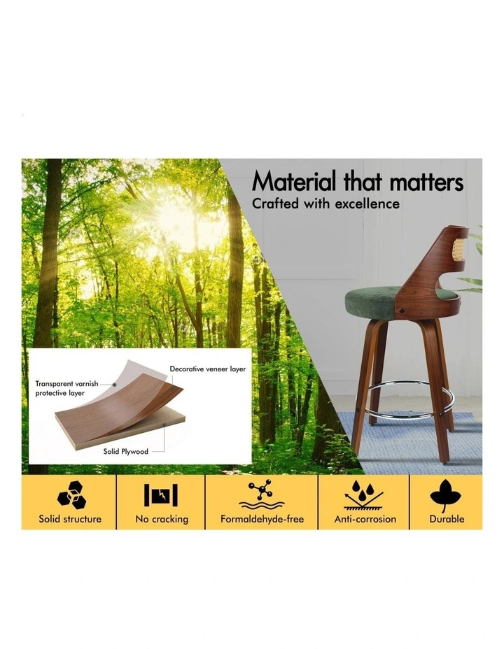 4x Bar Stools Chenille 65cm Swivel Kitchen Wooden Dining Chair image 5