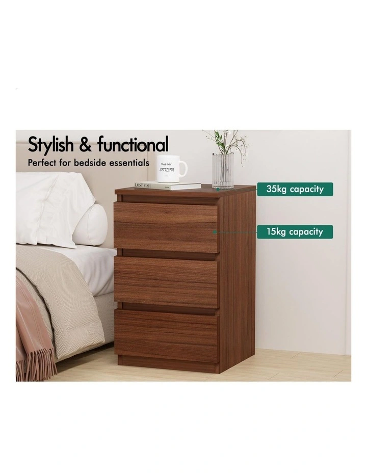 Bedside Table 3 Drawers Nightstand Walnut image 4
