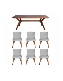 7-Piece Dining Set | Doreen Wood Dining Table 180cm & Osaka Upholstered Dining Chair | Walnut