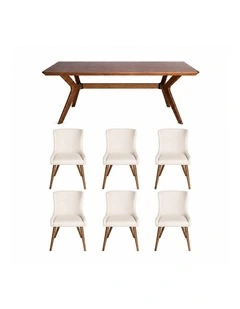 7-Piece Dining Set | Doreen Wood Dining Table 180cm & Osaka Upholstered Dining Chair | Walnut