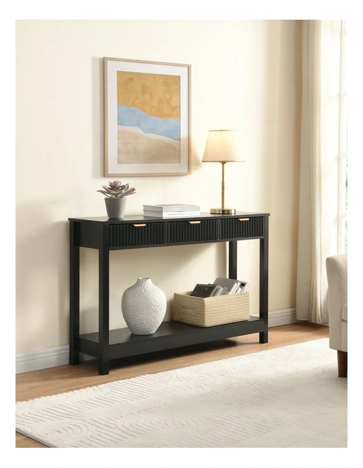 Fluted Console Table with 3 Wooden Drawers, Modern 120cm Entryway Table with Storage Shelf, Black image 3