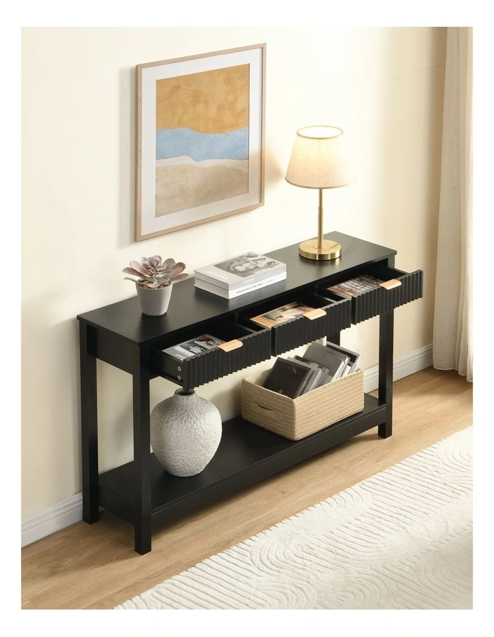 Fluted Console Table with 3 Wooden Drawers, Modern 120cm Entryway Table with Storage Shelf, Black image 4