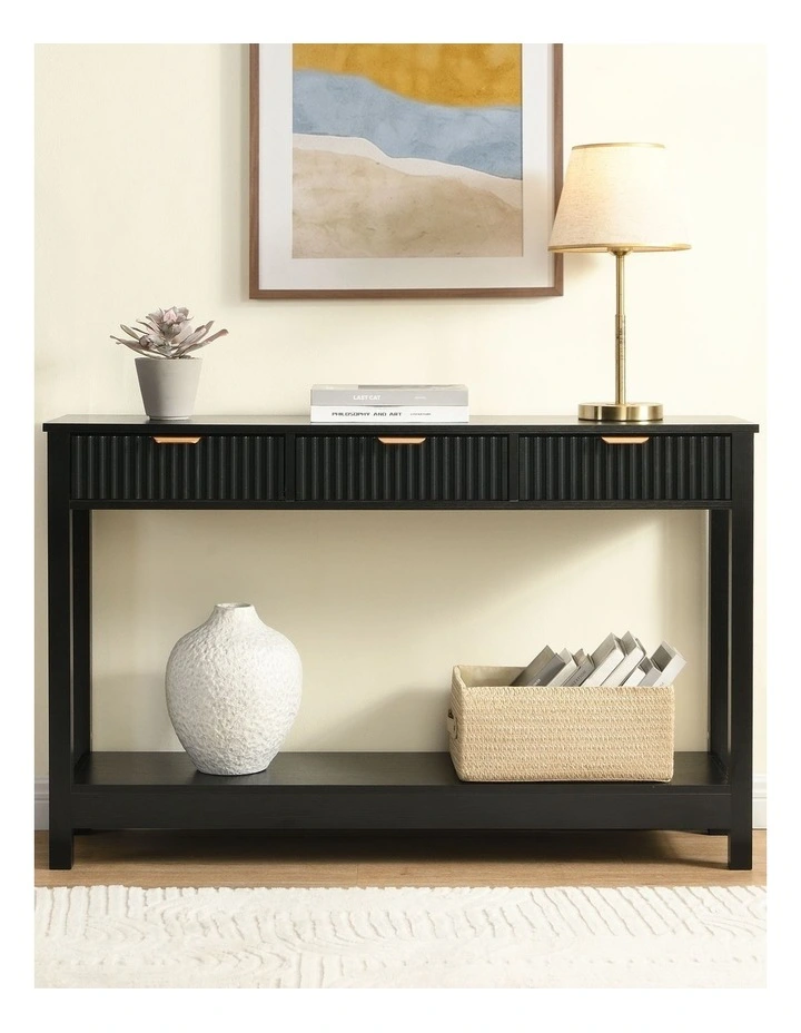 Fluted Console Table with 3 Wooden Drawers, Modern 120cm Entryway Table with Storage Shelf, Black image 5