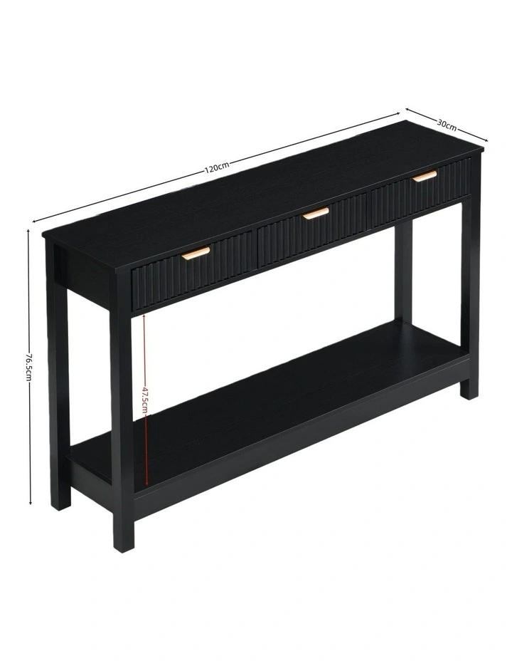 Fluted Console Table with 3 Wooden Drawers, Modern 120cm Entryway Table with Storage Shelf, Black image 7