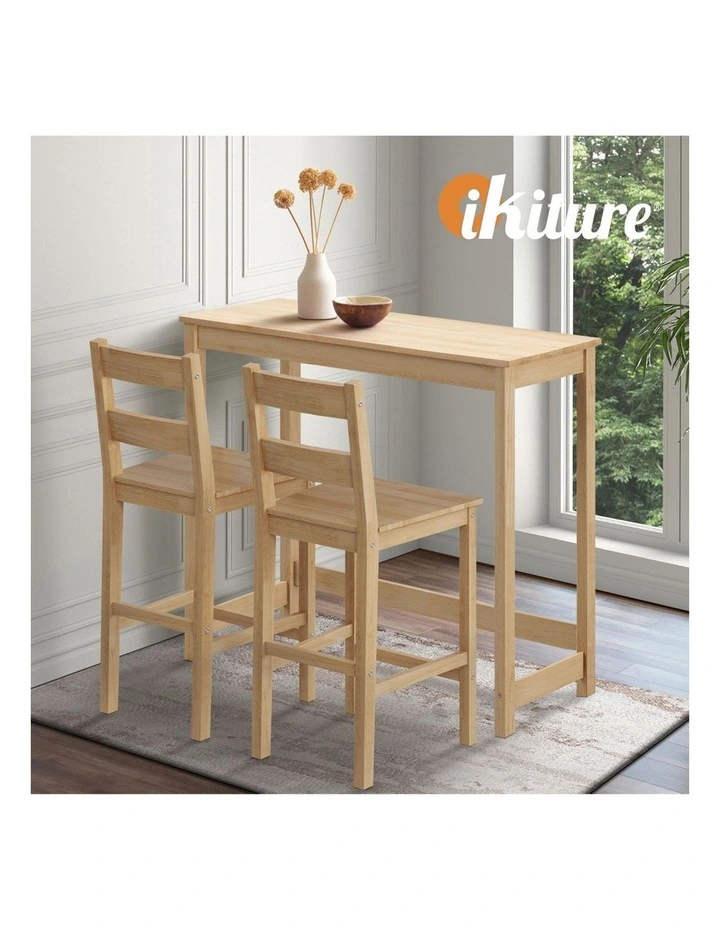 Oikiture 3PCS Bar Table Set 2 Stools Chairs Kitchen Dining Cafe Tables Natural image 7
