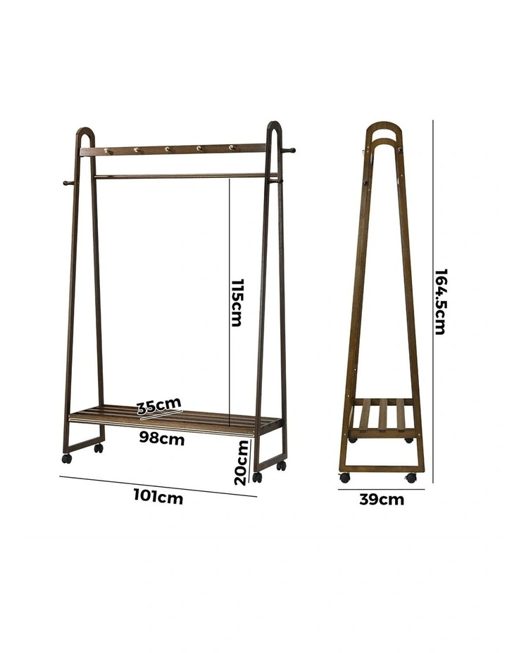Oikiture Clothes Rack Garment Coat Stand Hanging Rail Bamboo Portable Wheels image 3