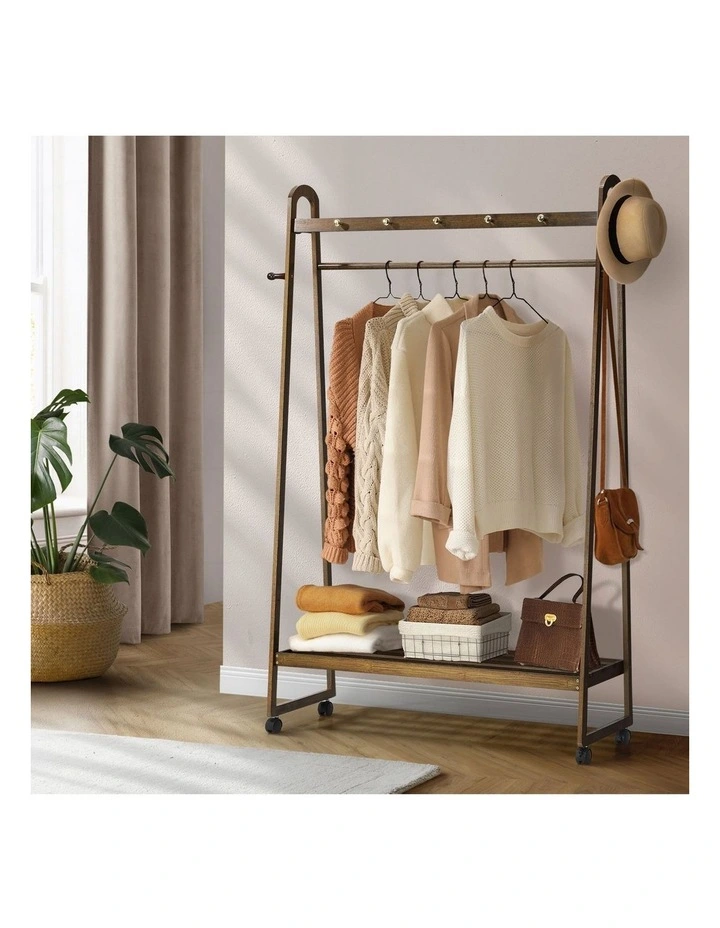 Oikiture Clothes Rack Garment Coat Stand Hanging Rail Bamboo Portable Wheels image 4