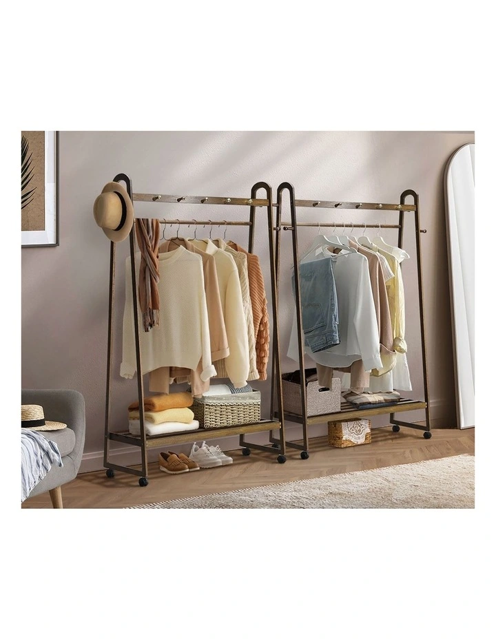 Oikiture Clothes Rack Garment Coat Stand Hanging Rail Bamboo Portable Wheels image 5