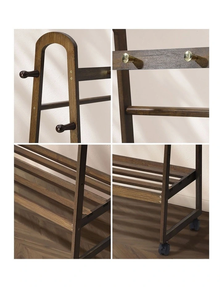 Oikiture Clothes Rack Garment Coat Stand Hanging Rail Bamboo Portable Wheels image 6