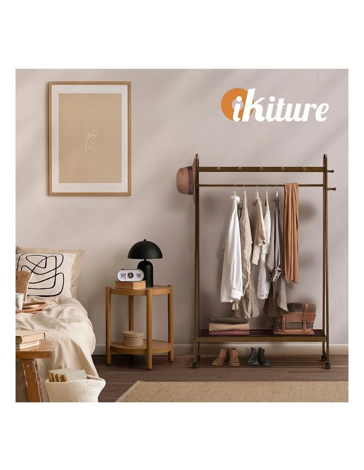 Oikiture Clothes Rack Garment Coat Stand Hanging Rail Bamboo Portable Wheels image 7